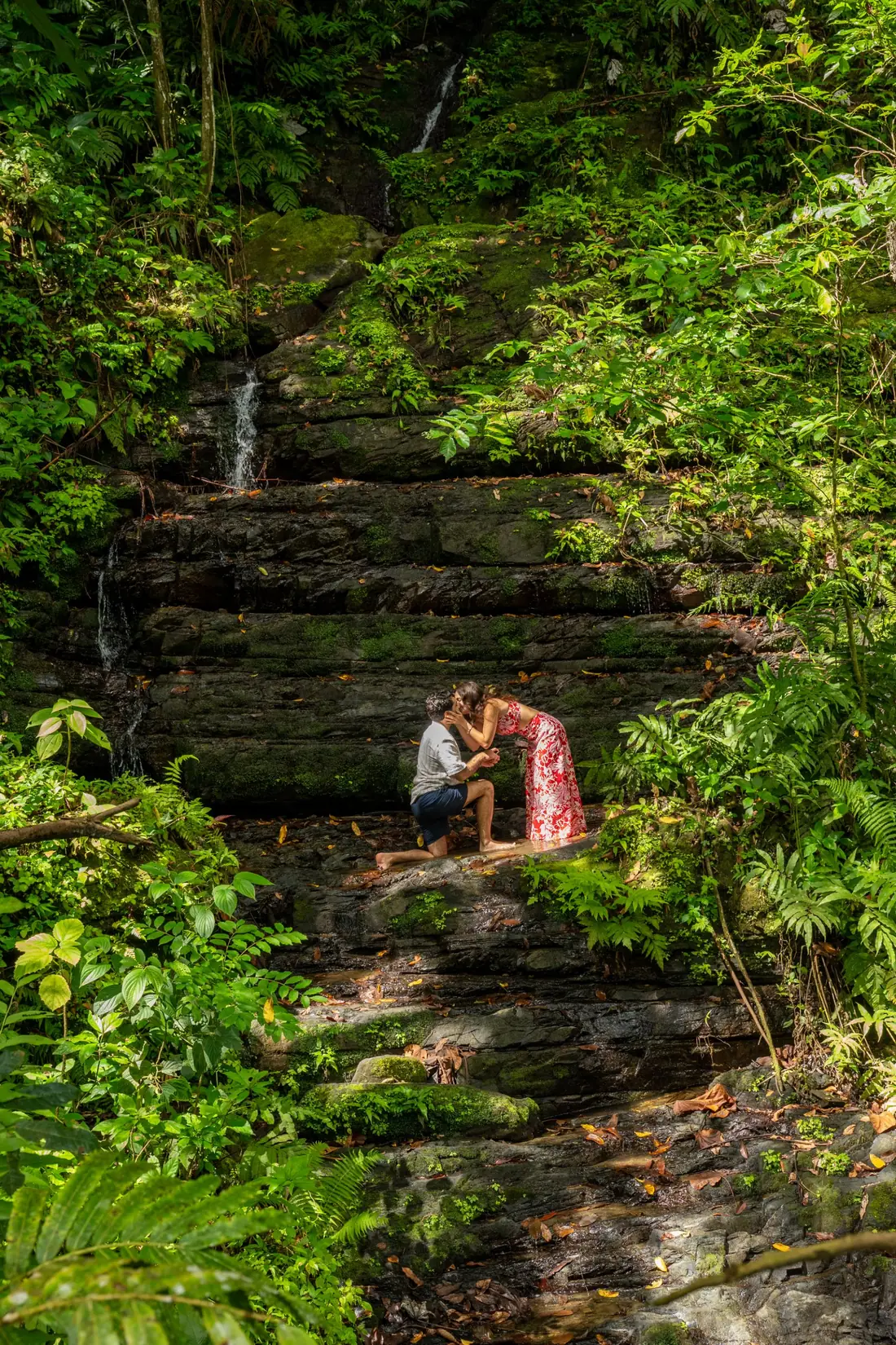 Vincent on one knee proposing to Jacqueline on the stone ledges of a rainforest waterfall