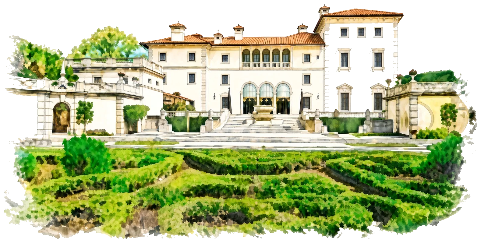 Watercolor painting of the Vizcaya villa and its gardens